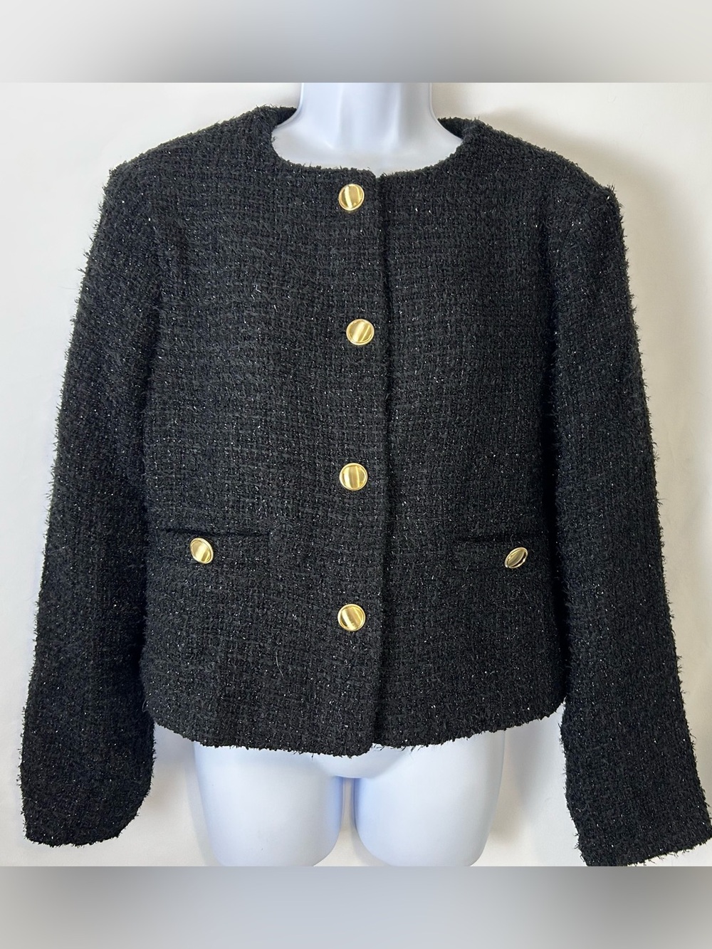 White Birch Black Label Black Shimmer Bouclé Cropped Jacket Gold Buttons M NWOT